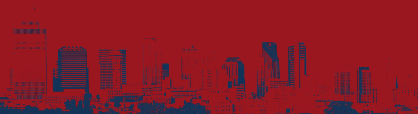 Vibrant cityscape in red and blue colors, showcasing a beautiful skyline.